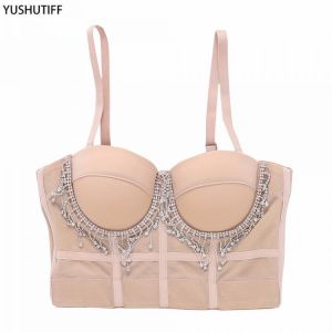 Sexy Beaded Tassel Rhinestone Women Camis Cropped Top Nightclub Party Corset Crop Top To Wear Out Push Up Bustier Bra YH8070