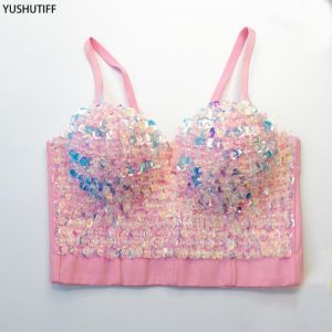 Sexy Nightclub Beads Sequins Women Crop Tops Camis Cropped in Bra Party Spaghetti Strap Corset With Cups Push Up Bustier YH8219
