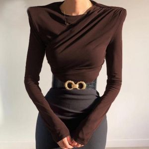 2021 Autumn Long Sleeve Shoulder Pad Crop Top Women Winter Brown Cotton Sexy Short T Shirts Black Ruched Streetwear Tees Yuqung