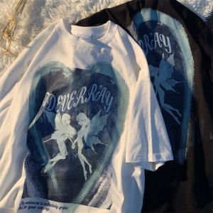 2021 Women Butterfly Fairy Grunge Print T-shirt Punk Goth Tops Hip Hop Rock Y2k Round Neck Casual Summer Coat Streetwear Men