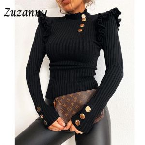 Zuzanny Ruffles Turtleneck Tops Women Buttons Casual Black Slim Ribber T Shirt Autumn Winter Long Sleeve Basic Women Shirts