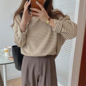 Alien Kitty Coffee Stripes Cotton T-Shirts Women Loose-Fitting Autumn 2021 Hot Sale Lady Casual Full Sleeve Chic All Match Tops