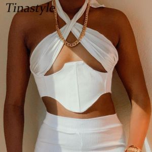 Tinastyle White Halter Sexy Corset Top Women Slim Crop Top Lace Up Bandage Backless Short Tank Top Nightclub Party Streetwear