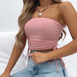 Tinastyle Sexy Summer Drawstring Crop Top Women Off Shoulder Bodycon Y2K Corset Tank Top Basic Casual Backless Short Elastic Top