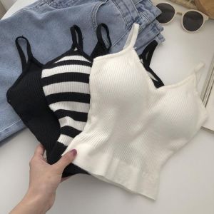 knitted camis for woman tops for women stripes crop tops built in bra spaghetti strap camisole female tank 2022 droppshipping