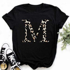 High Quality Custom Name Letter Combination Women T-shirts Leopard Printing T-shirt Letter Font A B C D E F G Short Sleeve Cloth