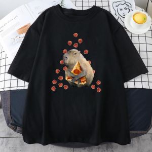 Capybaras Eating Pizza Printing Woman Tshirts Casual High Quality T Shirt Summer Crewneck T Shirt Plus Anime Woman T-shirts