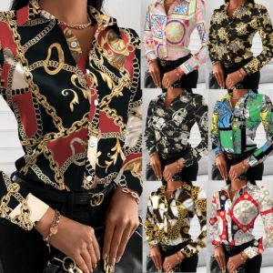 New Women's Long Sleeve V-neck Buttons Printing Shirt Fashion Lapel Office Graphic T Shirts Casual Loose Printed Party Tops