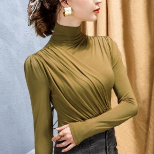 Women's Fleece Padded High-neck Long-sleeved T-shirt Unique Slim-fitting Cross Wrap Shirt Short Top Y2k Top Ladies Sexy Top