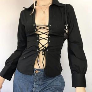 Western Style Women's T-Shirt Fashion Sexy Designer Creative Hipster Casual Hollow Out Lace Stripe POLO Collar Long Sleeve