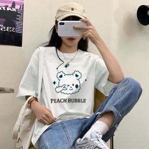 Female T-shirt Women Oversized Tops Round Collar Summer Cartoon 2021 New Loose Sleeve  Print Casual Simple Wild Harajuku Top