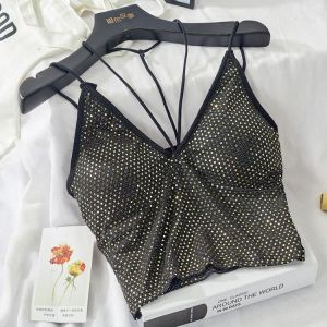 Sexy Women's V-neck Sequins Sparkly Crop Tops Female High Quality Gold Silver Sequin Short Top with Chest Pad Night Club Part