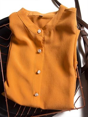 High Luxury and Heavy Custom Texture Crepe Orange Stand Collar Mulberry Silk Temperament Long Sleeve Women's Fashion Shirt