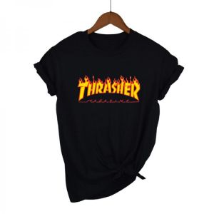 2021 Summer Hip Hop Women's Graphic T-shirt Cotton T-shirt Thrasher Fire Print Crew Neck Harajuku Women's Top