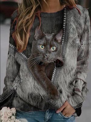 Fashsiualy Loose tops 2021 spring and autumn  zipper cartoon cat print casual O-neck long-sleeved T-shirt  Top Clothes