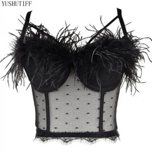 Tanks Camis Sexy Top Lace See-Through Feather Female Crop Top Women Solid Camis Tops With Built In Bra Push Up Bustier Bralette
