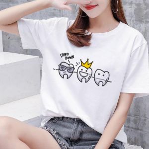 90s Harajuku Kawaii O-neck T-shirt Aesthetic Funny Tooth Dentist Women's T-shirt Pattern Fashion Printing Women Shirts