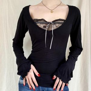 Y2K Top Lace Crop Bow Frill Kawaii Black Woman Tshirts VNeck Full Sleeve Women Sexy Tops Vintage Harajuku Tshirt Women Pullovers