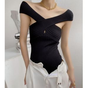 Chic Cross Camis Za Women 2021 Fashion Off-The-Shoulder Vest Knit Slim Crop Tops Solid Sleeveless Knitted Tank Top Streetwear