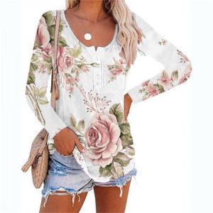 Plus Size T-Shirt Ladies Elegant Leisure Flower Print Women's Top 2021 Autumn New O-Neck Buttons T Shirt Casual Loose Pullove