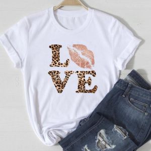 T Shirt Women 2021 Leopard Heart Casual 90s Fashion Trend Printing Lip Love Clothes Summer Tshirts Lady Print Female T-Shirt