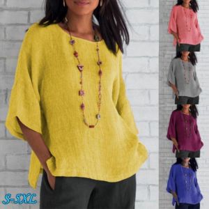 Fashion Women's Cotton and Linen Round Neck Plus Size Loose Trumpet Sleeve Shirt
