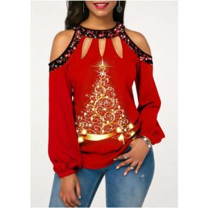 Christmas Top Women Sexy Long Sleeves Off Shoulder Hollow Out Tee Tops Fashion Christmas Tree Print Elegant Blouses Plus Size