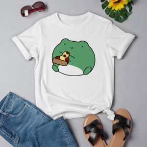 Frog Dinosaur Eat Pizza Cute Graphic Tee Women Tshirt Green Aesthetic Oversized T Shirt Harajuku Casual Summer Tops