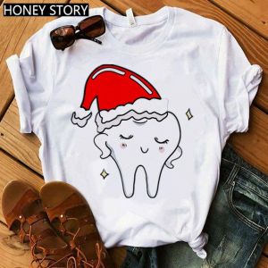 Women Cartoon Dental Squad Print T Shirt Dentist Christmas T-shirt Funny Christmas Short Sleeve Female Casual Tops Tee