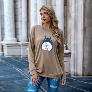 2021 Autumn Pocket Long Sleeve T-Shirts Women Cartoon Graphic Tees Shirts Funny Totoro Print Crewneck Pullover Loose Ladies Tops