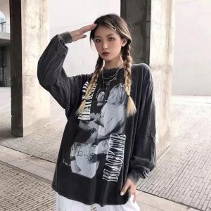 Portrait printing trend retro punk hip hop oversized sweatshirt Harajuku Gothic style pullover couple Y2K street top T-shirt