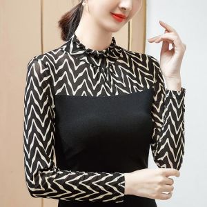 New Autumn Winter Mesh Bottoming Shirt Fashipn Patchwork Plus Size Long Sleeve Women's T-Shirt