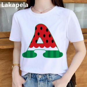Watermelon Alphabet Print T Shirt Top Women Summer Fashion Harajuku Women Tshirts Tops Base O-neck White Tee short slever Girl