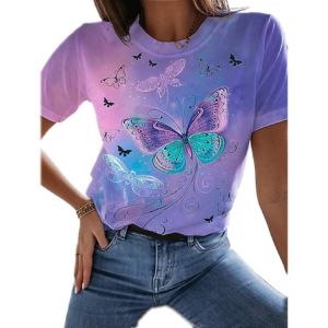 New Women's Short Sleeve Printed Round Neck Top Butterfly T-shirt Casual Loose