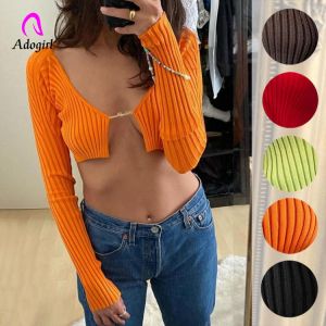Knitted Ribbed Women T Shirt 2022 Autumn Spring Solid Long Sleeve Slim Crop Tops Sexy Low Cut Lace Up Night Club Party Outwear