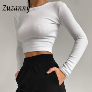Zuzanny O Neck Long Sleeve Shirt Women Ribbed Sexy Cropped Tops 2021 Spring Black Casual Skinny Slim Basic Woman T Shirts White