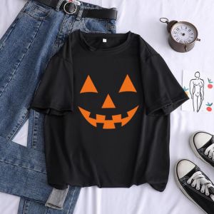 Summer Women's T-shirt Halloween Pumpkin Head Print Round Neck Short Sleeve Top Harajuku Streetwear Loose Tee Top Men/Women
