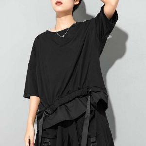 Hzirip 2021 Casual Belt Office Lady All Match Short Sleeves O-Neck Patchwork Tee Solid Asymmetrical Loose T-Shirt Elegant