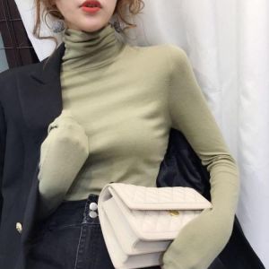 Women Retro Korean Tops Casual Elegant Slim Long Sleeve T-Shirt Pullover Autumn Ladies Solid Turtleneck Knitted Tshirt