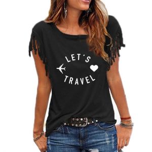 Let's Travel Print Women Aesthetic Harajuku Tassel T Shirts Casual Kawaii Summer Short Sleeve Trip Clothes Tees  Camisetas Mu