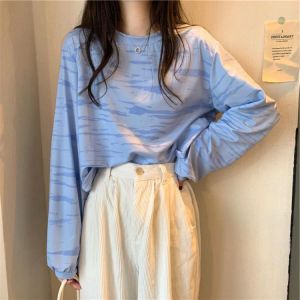 autumn Women T shirt Korean casual Long Sleeve Tie dye tops Loose short t-shirt Harajuku blue crop top woman tshirts streetwear