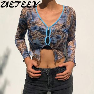 New Women Fashion Sexy Crop Tops Mesh See Through Flower Leopard Print Fungus Y2K egirl Dark Academia T-Shirts Hot Streetwear