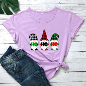 Christmas T-Shirt HO HO HO Gnomes Shirt buffalo plaid print Gnomes Tee Women Trendy Casual pure cotton vintage Top