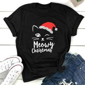 Cat Face Meowy Christmas Print Women T Shirt Short Sleeve O Neck Loose Women Tshirt Ladies Tee Shirt Tops Camisetas Mujer