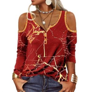 Long Sleeve Casual Streetwear Tee Shirts Women Lady Sexy Off Shoulder Retro Print V Neck Tops Tshirts 5XL