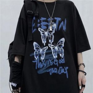 Punk Hip Hop Butterfly Graphic Print Loose Short Sleeve Women T-shirt Summer Harajuku Casual Tee Korean Cartoon Y2K Street Wear