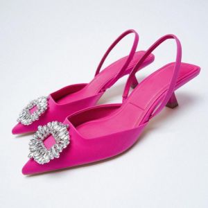 2021 New Women's Shoes Pointed Toe Shallow Nude Pink Diamond Shoes Low Heel Back Strappy Shoes Women