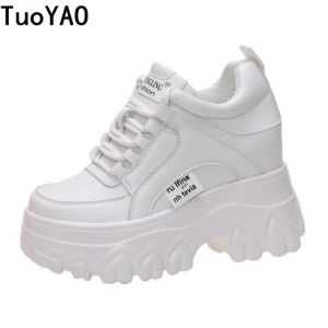 all in one place בגדי נשים Women Leather Platform Sneakers Spring Trainers White Shoes 9CM High Heels Wedge Outdoor Sport Shoes Breathable Casual Shoes New