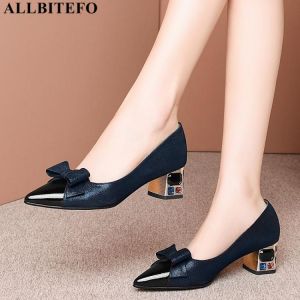 ALLBITEFO Sweet Bowtie Full Genuine Leather High Heels Brand High Heels High Heel Shoes Party Women Heels Office Ladies Shoes