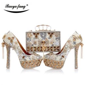 Luxury cyrstal wedding shoes with matching bags woman fashion High heels Women party dress shoes round toe Platform shoes